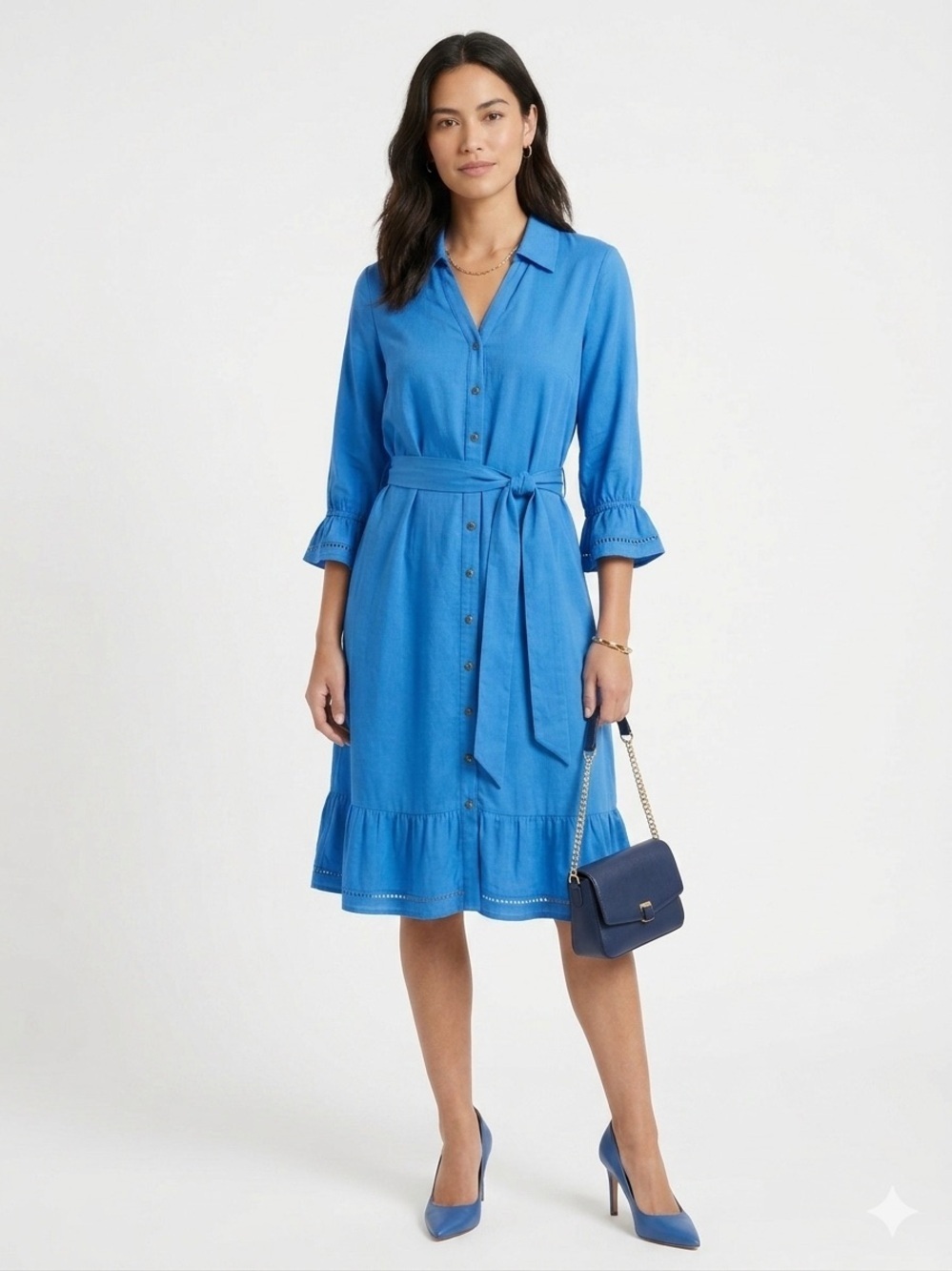 Belldini Ladder trim button front dress in Brazilian blue